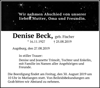 Traueranzeige von Denise Beck von Schwäbische Post