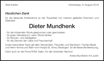 Traueranzeige von Dieter Mundhenk von Schwäbische Post