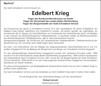 Traueranzeige von Edelbert Krieg von Gmünder Tagespost