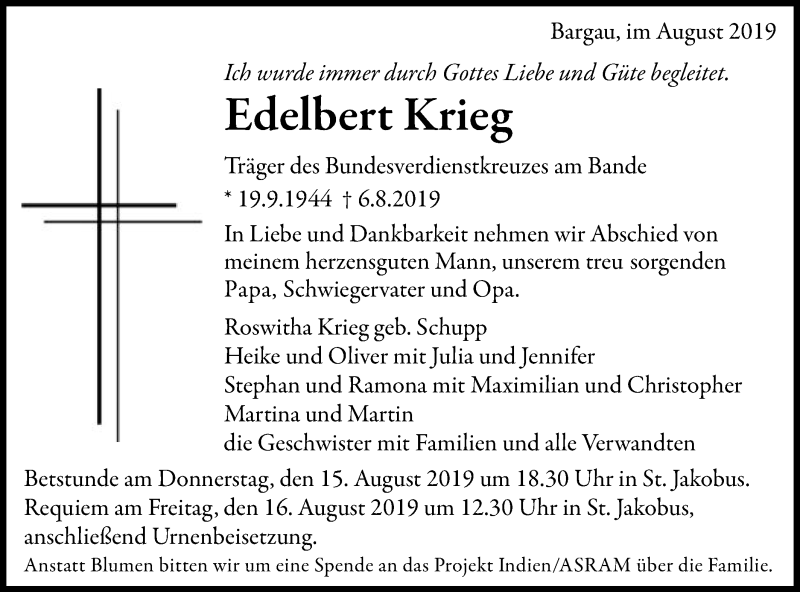  Traueranzeige für Edelbert Krieg vom 13.08.2019 aus Gmünder Tagespost