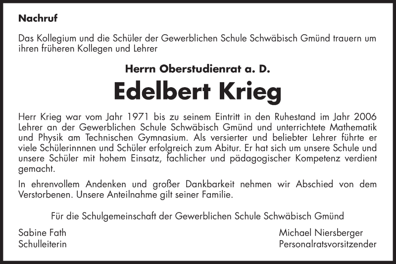  Traueranzeige für Edelbert Krieg vom 13.08.2019 aus Gmünder Tagespost