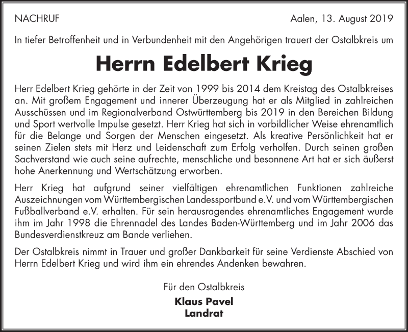  Traueranzeige für Edelbert Krieg vom 13.08.2019 aus Gmünder Tagespost
