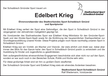Traueranzeige von Edelbert Krieg von Gmünder Tagespost