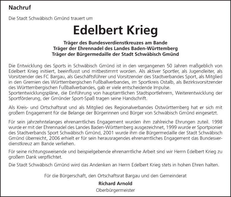  Traueranzeige für Edelbert Krieg vom 13.08.2019 aus Gmünder Tagespost