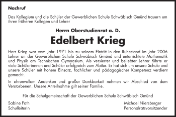 Traueranzeige von Edelbert Krieg von Gmünder Tagespost