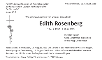 Traueranzeige von Edith Rosenberg von Schwäbische Post