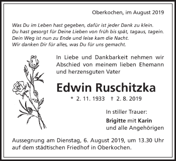 Traueranzeige von Edwin Ruschitzka von Schwäbische Post