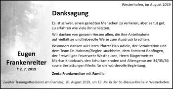 Traueranzeige von Eugen Frankenreiter von Schwäbische Post