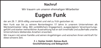 Traueranzeige von Eugen Funk von Schwäbische Post