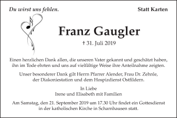 Traueranzeige von Franz Gaugler von Schwäbische Post