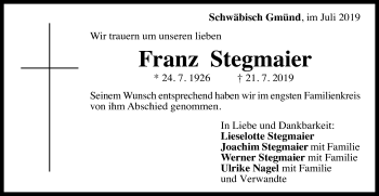 Traueranzeige von Franz Stegmaier von Gmünder Tagespost