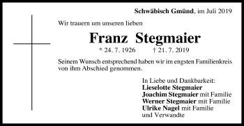 Traueranzeige von Franz Stegmaier