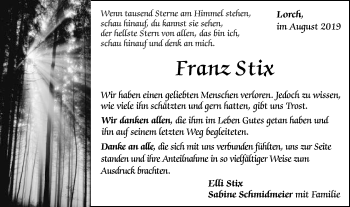 Traueranzeige von Franz Stix von Gmünder Tagespost