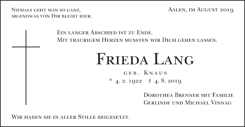  Traueranzeige für Frieda Lang vom 12.08.2019 aus Schwäbische Post