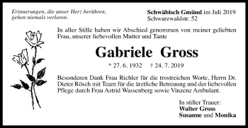 Traueranzeige von Gabriele Gross von Gmünder Tagespost
