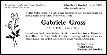 Traueranzeige von Gabriele Gross