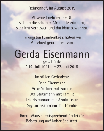 Traueranzeige von Gerda Eisenmann von Gmünder Tagespost