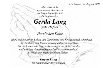 Traueranzeige von Gerda Lang von Gmünder Tagespost