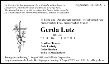 Traueranzeige von Gerda Lutz von Schwäbische Post
