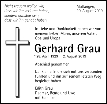 Traueranzeige von Gerhard Grau von Gmünder Tagespost