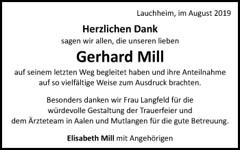 Traueranzeige von Gerhard Mill von Schwäbische Post