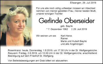 Traueranzeige von Gerlinde Oberseider