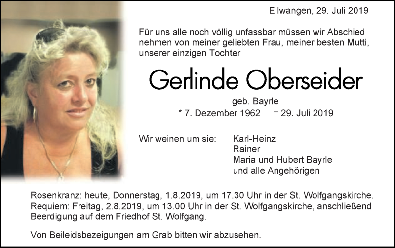  Traueranzeige für Gerlinde Oberseider vom 01.08.2019 aus Schwäbische Post