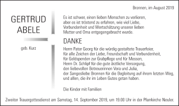 Traueranzeige von Gertrud Abele von Schwäbische Post
