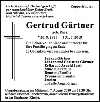 Traueranzeige von Gertrud Gärtner von Gmünder Tagespost