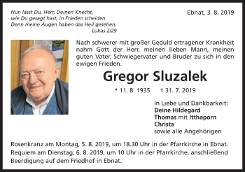 Traueranzeige von Gregor Sluzalek von Schwäbische Post