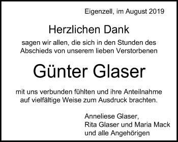 Traueranzeige von Günter Glaser von Schwäbische Post