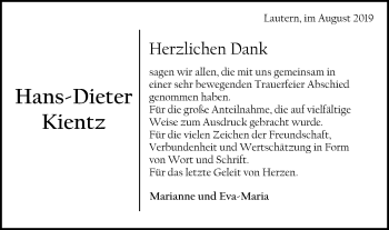 Traueranzeige von Hans-Dieter Kientz von Gmünder Tagespost