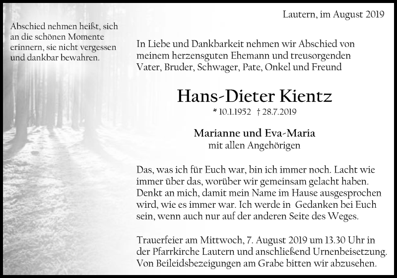  Traueranzeige für Hans-Dieter Kientz vom 05.08.2019 aus Gmünder Tagespost
