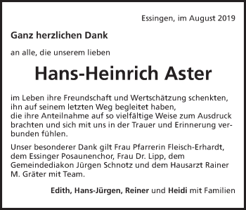 Traueranzeige von Hans-Heinrich Aster von Schwäbische Post
