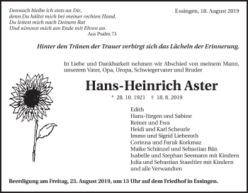 Traueranzeige von Hans-Heinrich Aster von Schwäbische Post