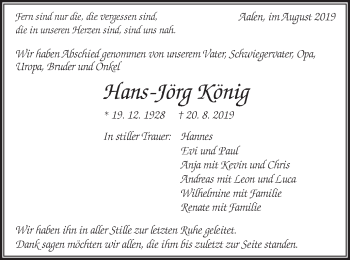 Traueranzeige von Hans-Jörg  König von Schwäbische Post