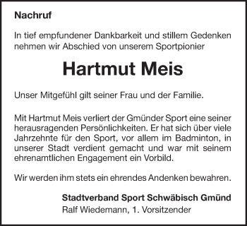 Traueranzeige von Hartmut Meis von Gmünder Tagespost