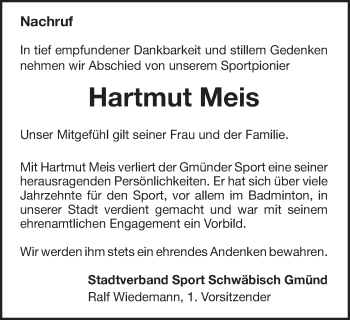 Traueranzeige von Hartmut Meis