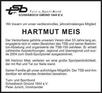 Traueranzeige von Hartmut Meis von Gmünder Tagespost
