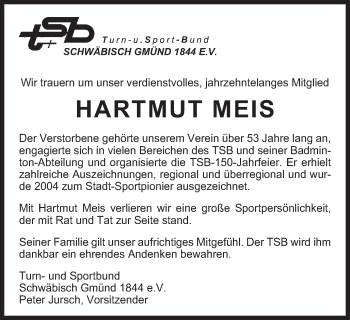 Traueranzeige von Hartmut Meis