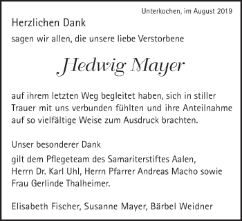 Traueranzeige von Hedwig Mayer von Schwäbische Post