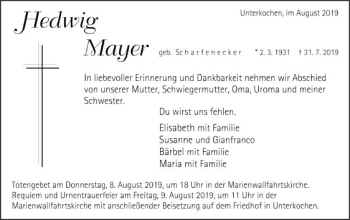 Traueranzeige von Hedwig Mayer von Schwäbische Post