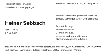 Traueranzeige von Heiner Sebbach von Schwäbische Post