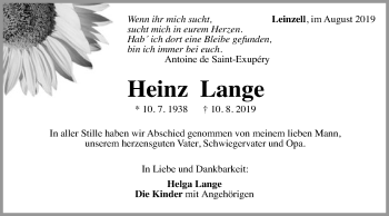 Traueranzeige von Heinz Lange von Gmünder Tagespost