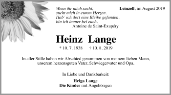 Traueranzeige von Heinz Lange