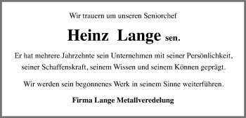 Traueranzeige von Heinz Lange von Gmünder Tagespost