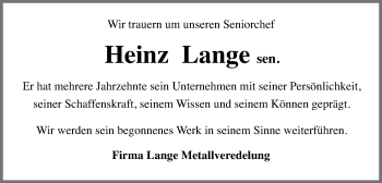 Traueranzeige von Heinz Lange