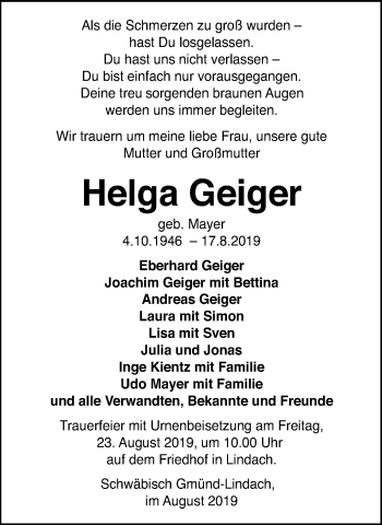 Traueranzeige von Helga Geiger von Gmünder Tagespost