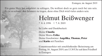 Traueranzeige von Helmut Beißwenger von Schwäbische Post