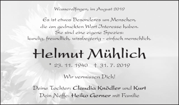 Traueranzeige von Helmut Mühlich von Schwäbische Post